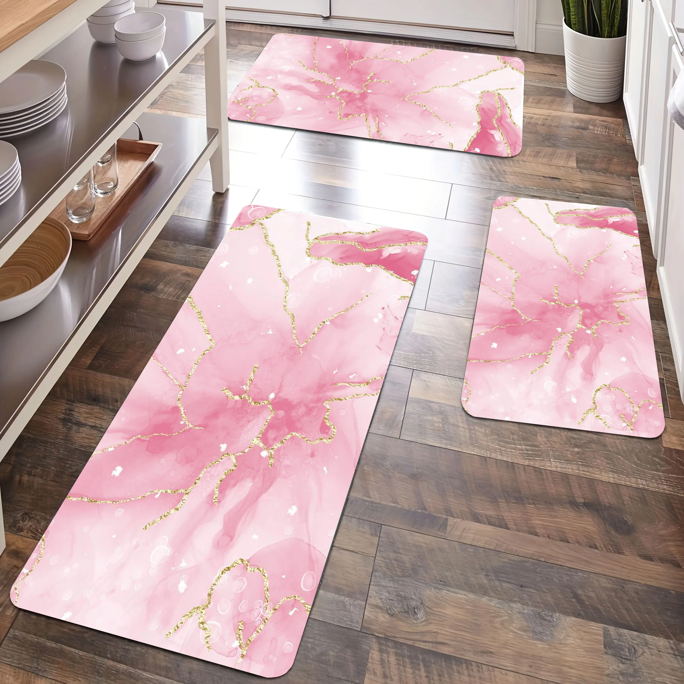 

Pink Marble Texture Gold Lines Design Bathroom accessories Carpets Flannel Anti-slip Foot mat Suitable for Living Room Floor pad