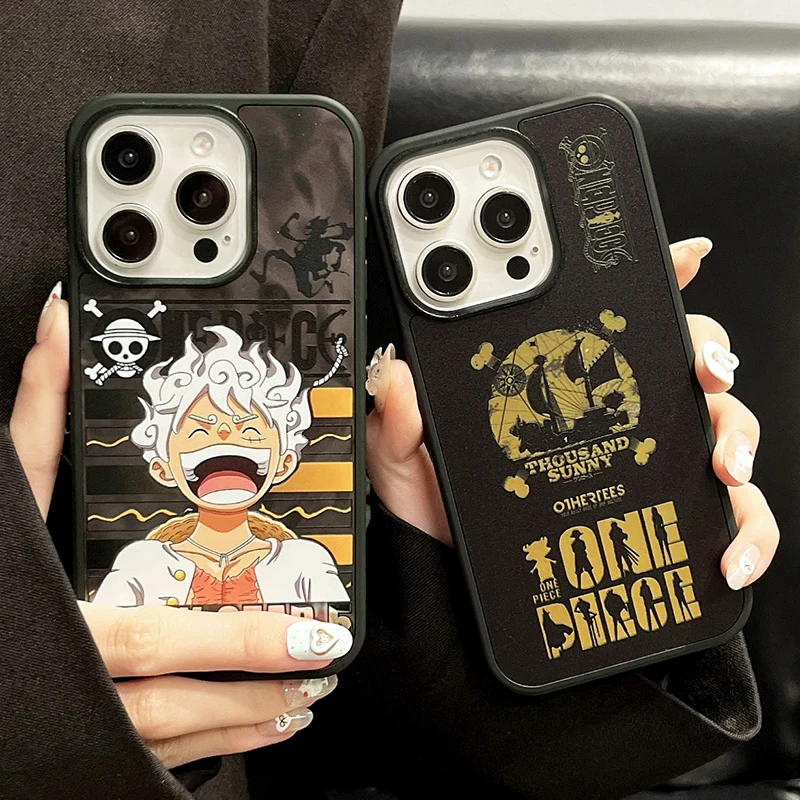 

Cartoon Japanese Anime One Piece Art For Apple iPhone 16 15 14 13 12 Pro Max Monkey D. Luffy Black Edge Mirror Protective Cover