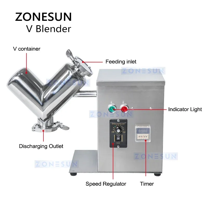ZONESUN V Blender Powder Mixing Machine miscelatore per polvere secca in acciaio inossidabile ZS-V2