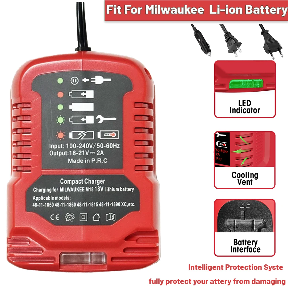 

100V-240V Portable Li-ion Battery Mini Compact Charger for Milwaukee 18V Lithium Battery Replacement for M18 18V Battery Charger