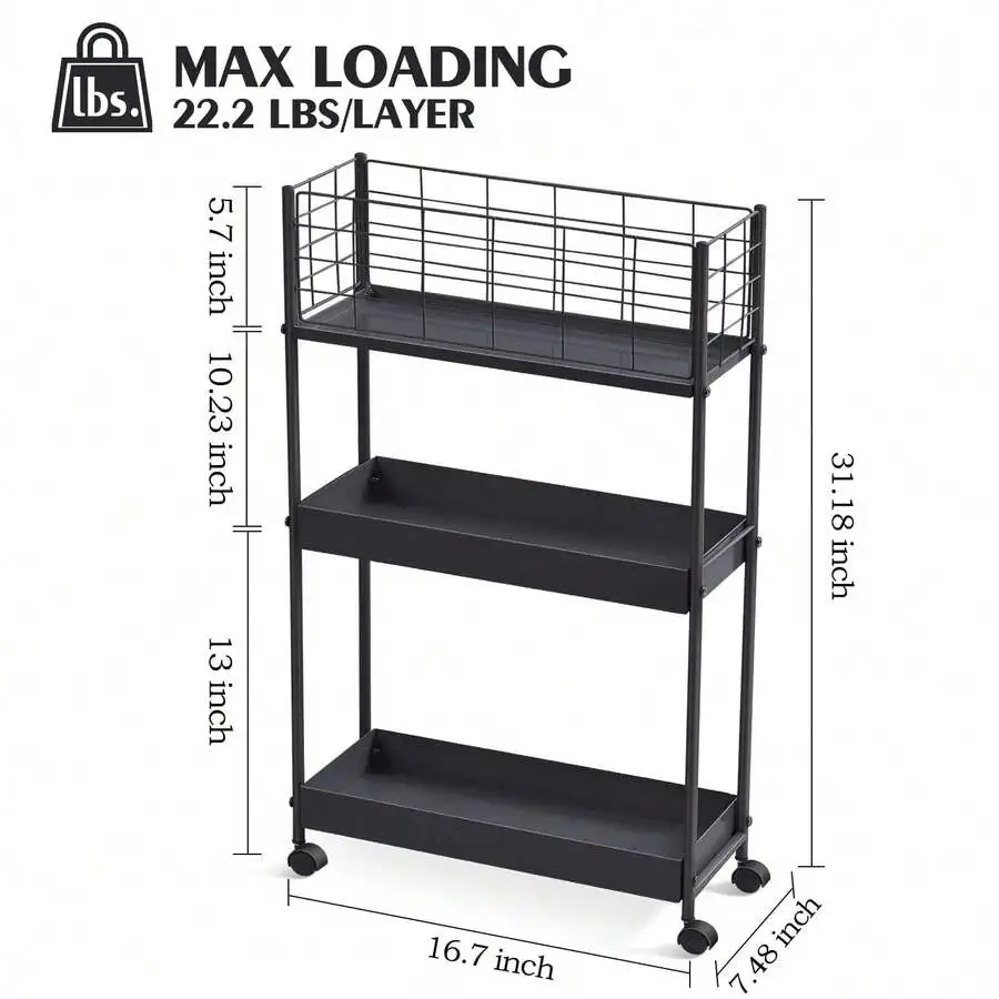 1 Pc KINGRACK Slim Storage Cart, 3-Tier Metal Utility Rolling Cart With Wheels,Slide Out Storage Cart, Skinny Storage Rolling Ca