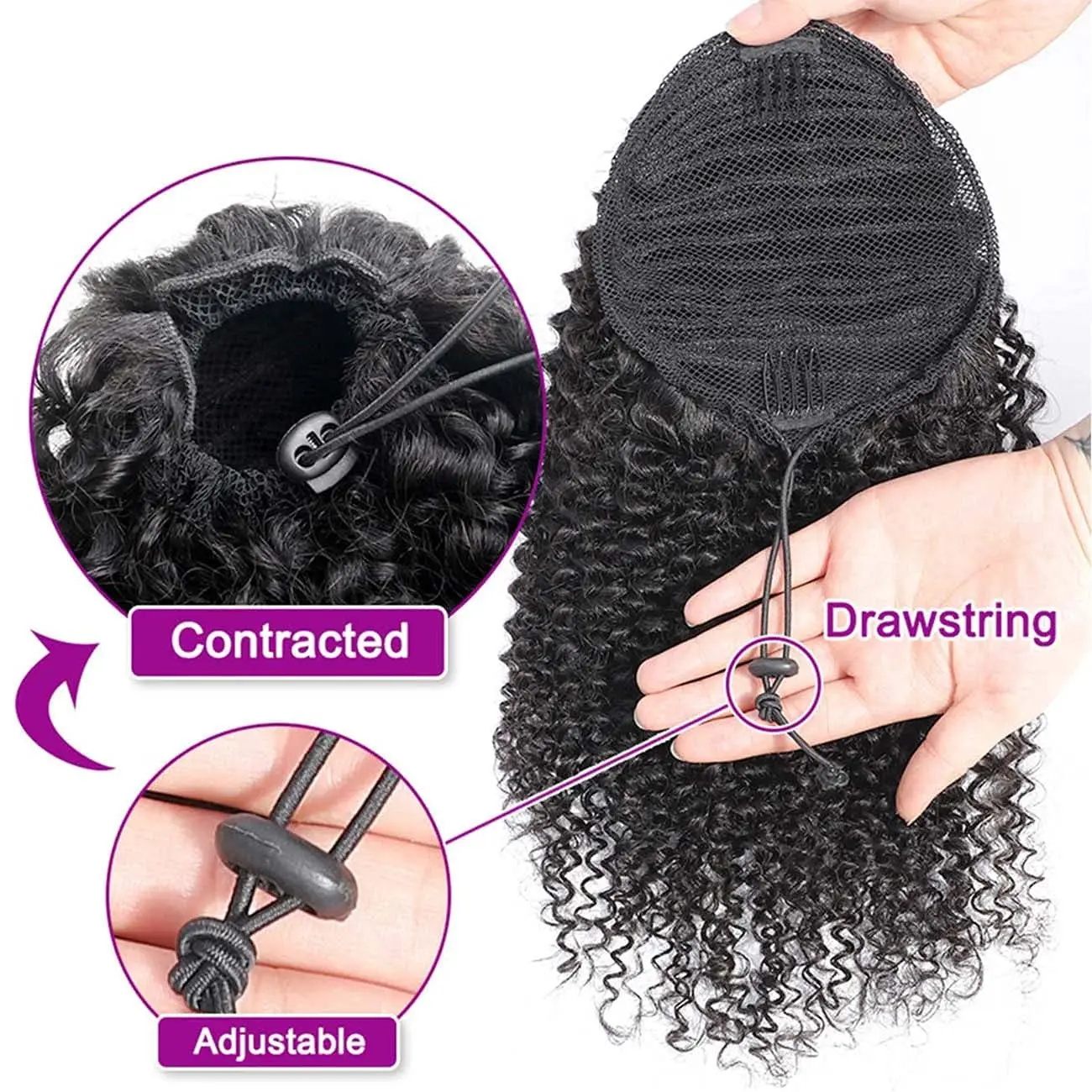 Queue de cheval brésilienne bouclée pour femmes noires, extensions de cheveux humains Remy, clip de proximité Wstring, # 1B