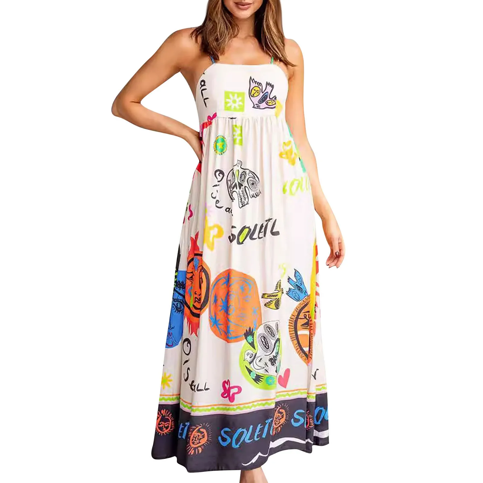 Women Long Printed Spaghetti Strap Dress Fashion Bohemian Sleeveless A-line Long Dress Elegant Female Holidays Beach Dresses