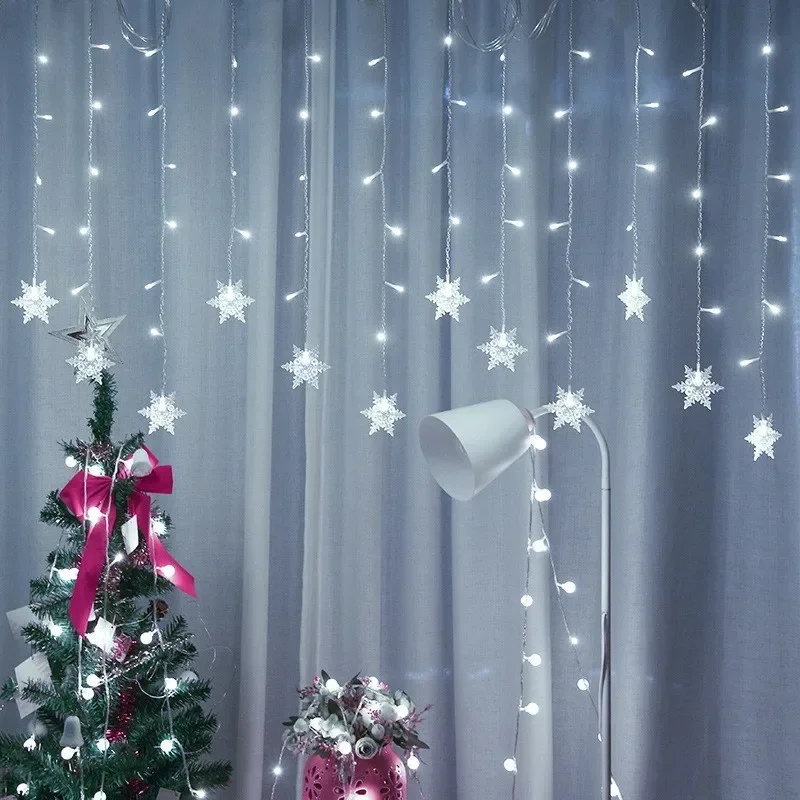 

New Year 2025 8 Modes EU Plug Garden Light Christmas Decoration Snowflake Window Curtain Garland LED Icicle Fairy Light Flashing