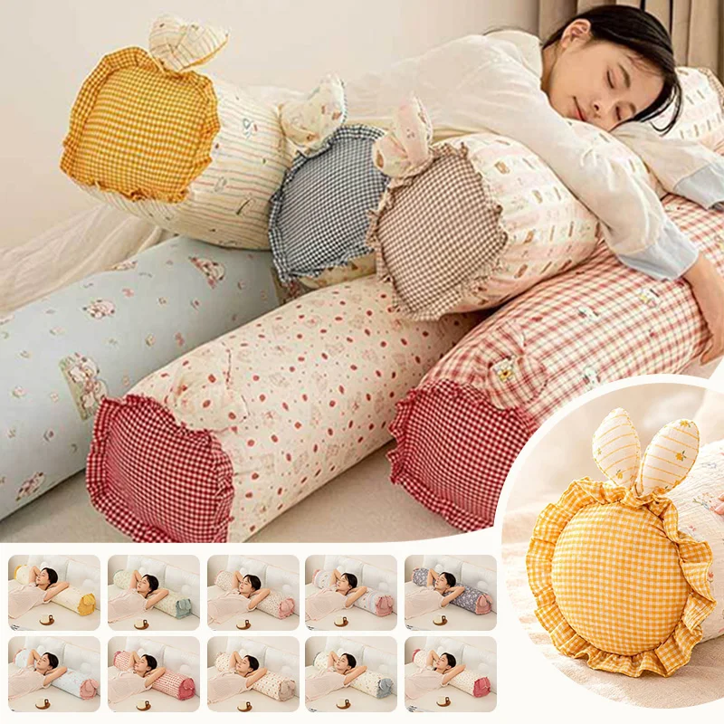 110x23cm Cute Rabbit Ear Cotton Double‑Layer Gauze Long Bolster Pillow Detachable Cylindrical Body Pillow for Home Bedroom Decor