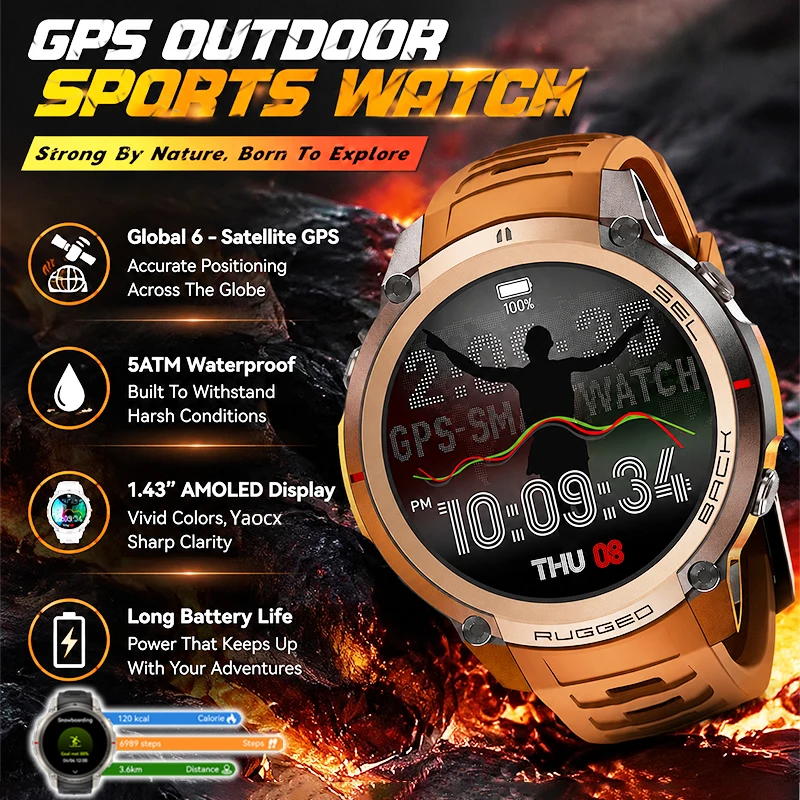 

New Outdoor Sports Smart Watch Global 6-Satellite 1.43" GPS 5ATM Waterproof Compass HD Call Health Monitoring 500mAh Smart Watch