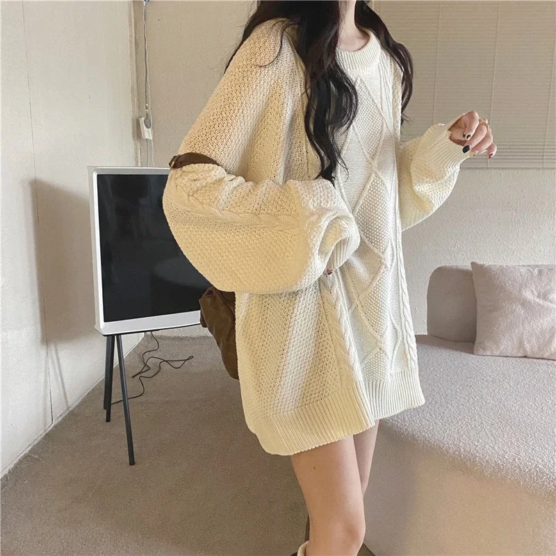 Oversized Twist O-neck Sweaters Women Autumn Winter Solid Color Loose Soft Pullovers Korean Fashion Lazy Mid-Length Tops Outwear