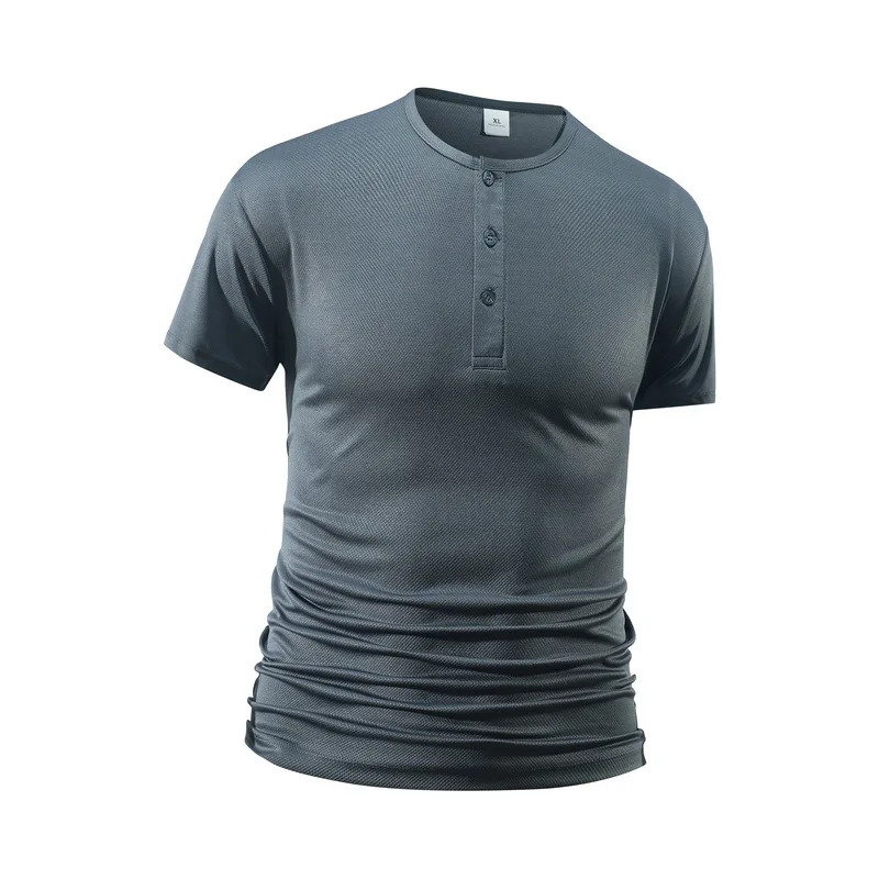 Summer Men's Solid Color Fitness Casual Mesh Henley Neck Shirts Short-Sleeved Men Slim Fit Quick Dry Training Running T-Shirts view 5