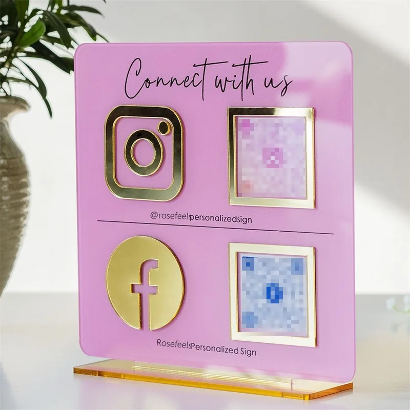 

Customize Tabletop Acrylic or Wooden Facebook Ins Plaque Gold Qr Code Beauty Sign Business Social Media Sign With Stand