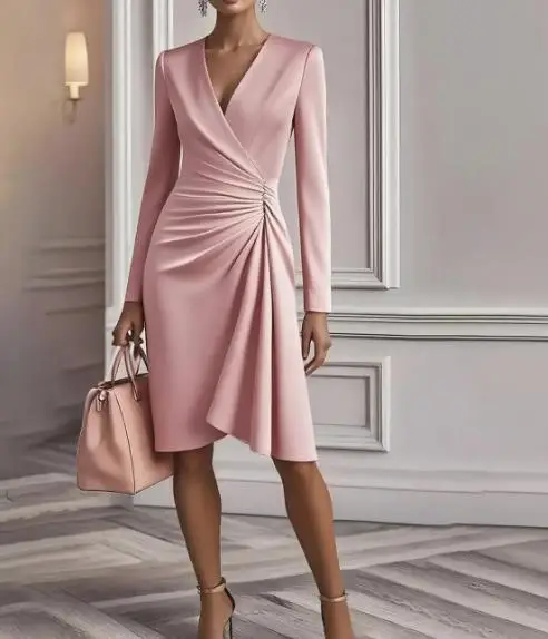 

Women's Elegant Dresses Temperament Commuting 2025 New Autumn Fashion V-Neck Waist Cinched Solid Long Sleeve Dress for Women