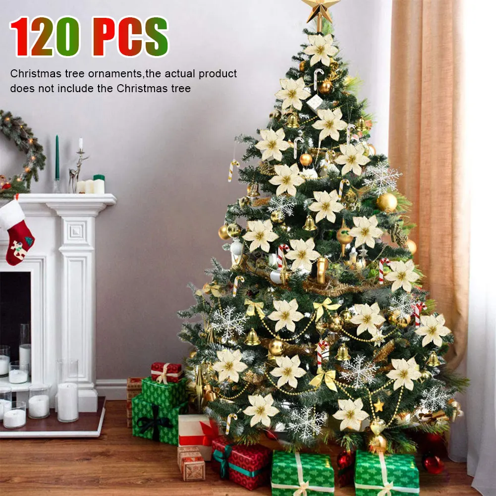 

Artificial Flowers 120 Pcs/Set Glitter Fake Flowers Christmas Tree Ornaments for Home Wedding Valentine's Day Decorations