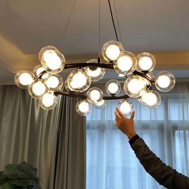 Nordic Frosted Glass Round Ball Chandelier Postmodern Creative Living Dining Room Home Decor Lighting Magic Bean Pendent Lamp