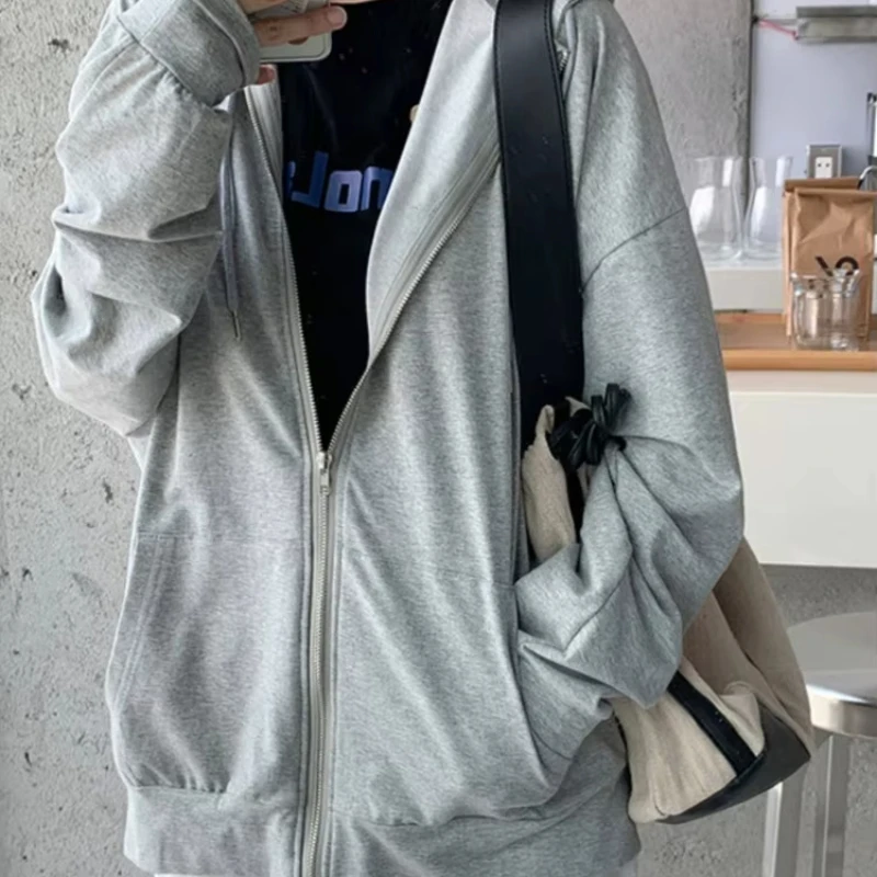 Version ample mince à manches longues manteau de protection à capuche couleur unie chemise rétro sweats à capuche Cardigan à capuche couleur unie