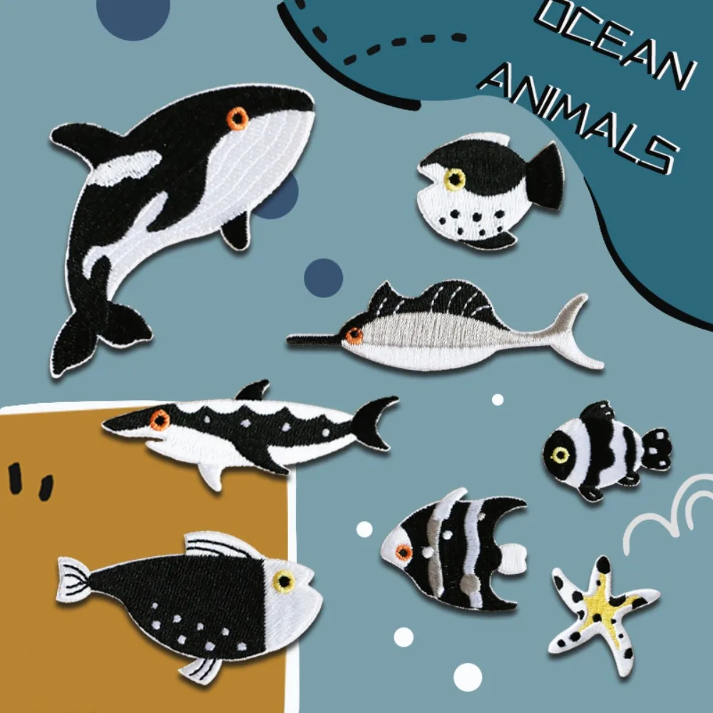 Cute Marine Animal Embroidery Patches DIY Backpack Mobile Phone Bag Hand Account Decorative Sticker Stick on Patch Decor Repair