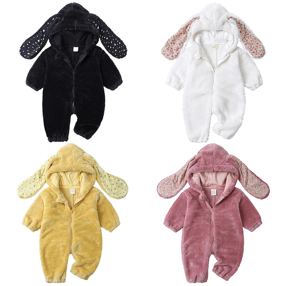 

Baby Girls Boys Fluffy Solid Onesie Unisex Cute Warm Bodysuits Toddler Bunny Ears Hooded Zipper Thicken Soft Rompers 6M-3Y