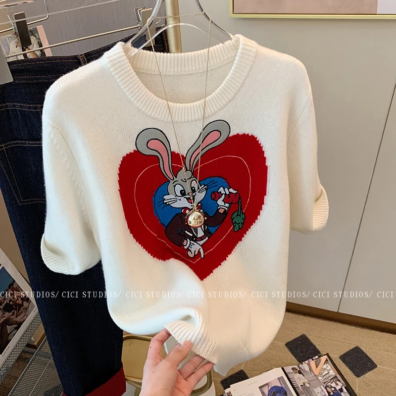 White Rabbit Love Letter Knit T-shirt Women\'s Short Sleeve Sweater Summer 2024 New Casual Loose Knitwear Crop Top Y2k T Shirts