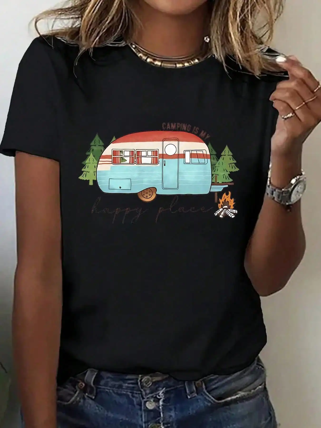 

Women's 100% RV Graphic T-Shirt - Casual Round Neck Short Sleeve Tee with Campy Camper Design, Loose Fit, Perfect for Outdoor