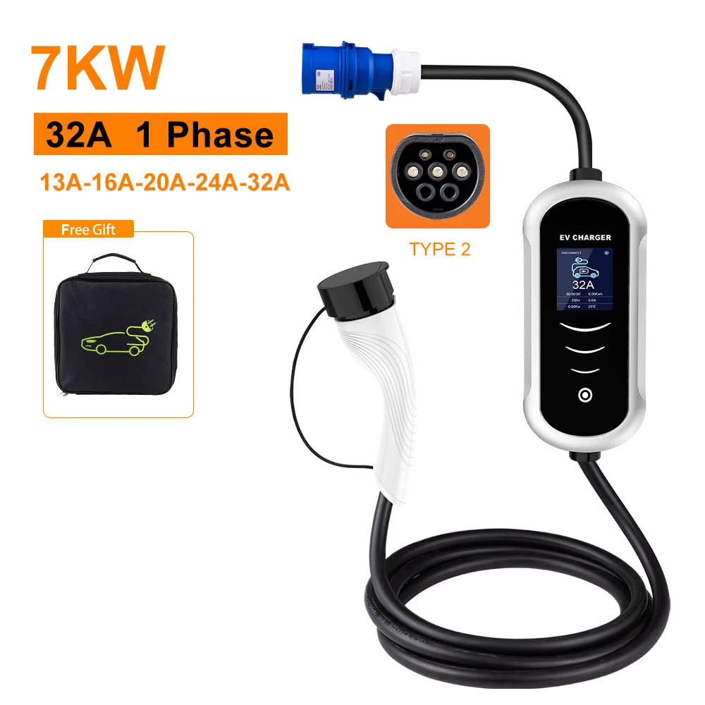 IPENGEN Type 2 Portable EV Charger 7KW 32A 11KW 16A Wallbox EVSE Fast Charging Cable CEE Plug for Electric Vehicle Cars