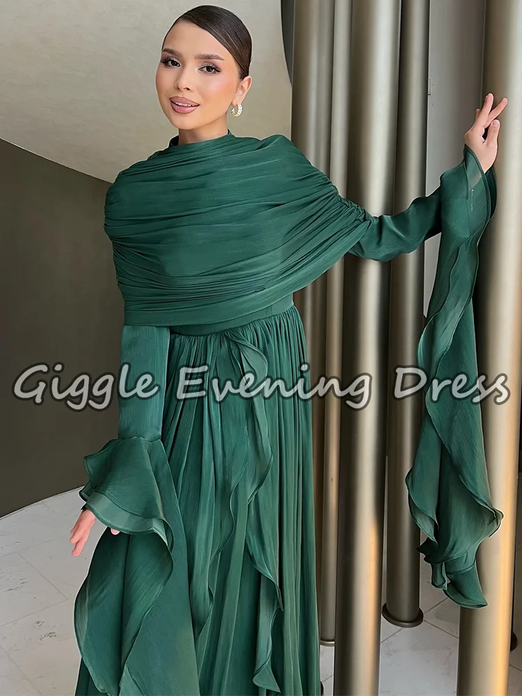 Robe de soirée à volants en mousseline de soie vert Giggle, ligne a drapée, manches longues, robe de soirée musulmane, robes de bal arabes saoudiennes personnalisées