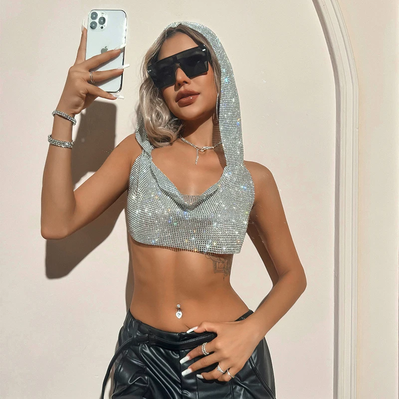 2024 estate nuovo strass con cappuccio Crop Top Sexy profondo scollo a V Backless senza maniche Glitter canotta Rave Nightclub Party canotta