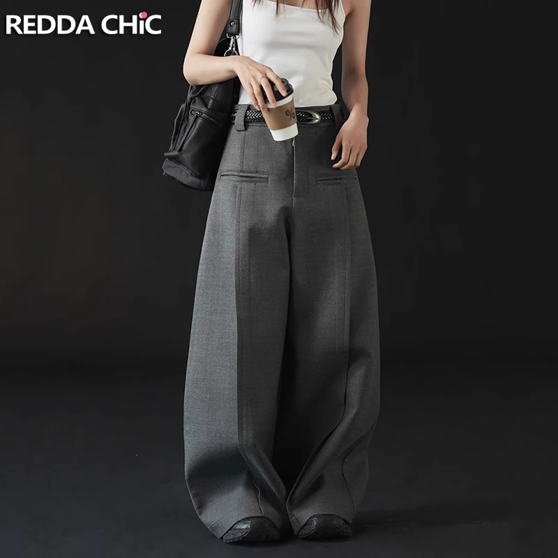 

REDDACHiC Modern Women's Pleated Wide Leg Pants Plus Size Casual Slant Pocket Draped Long Suit Trousers Work Office Lady Bottoms