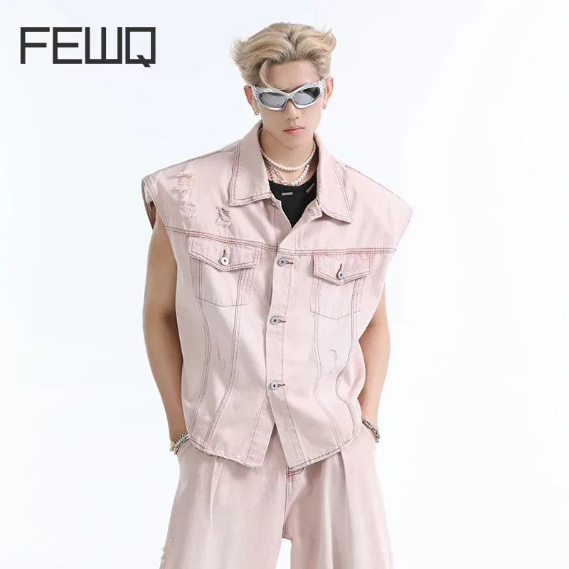 FEWQ Trendy Deconstructed Denim Short Sleeve Fashion High Street Jeans Set 2024 Solid Color Turn-down Collar Male Sets 24E1682