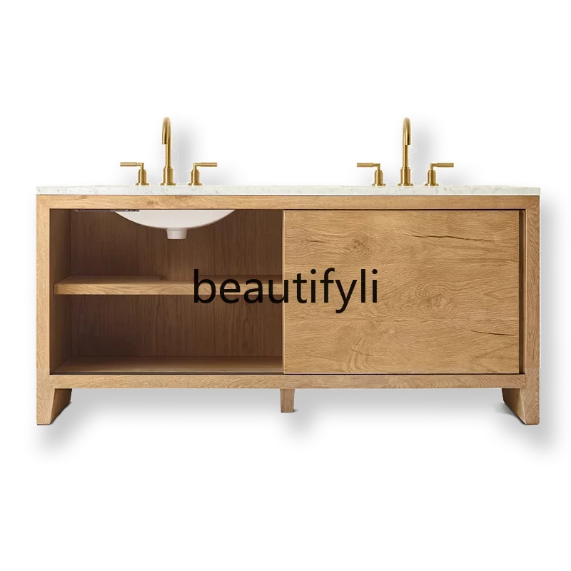 Modern minimalist paint, oak floor-to-ceiling bathroom cabinet, sink, double basin bathroom cabinet