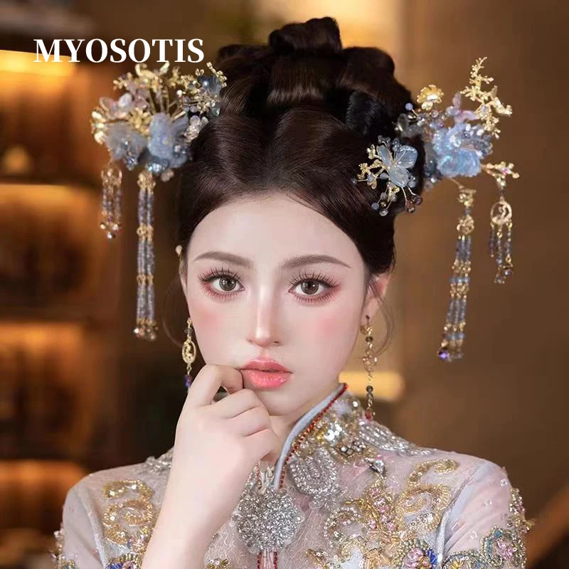 Graceful Light Blue Chinese Bride Tassel Hairwear Ancient Costume Hairpin Set Bridal Xiuhe Chinese Vintage Headpiece Accessories