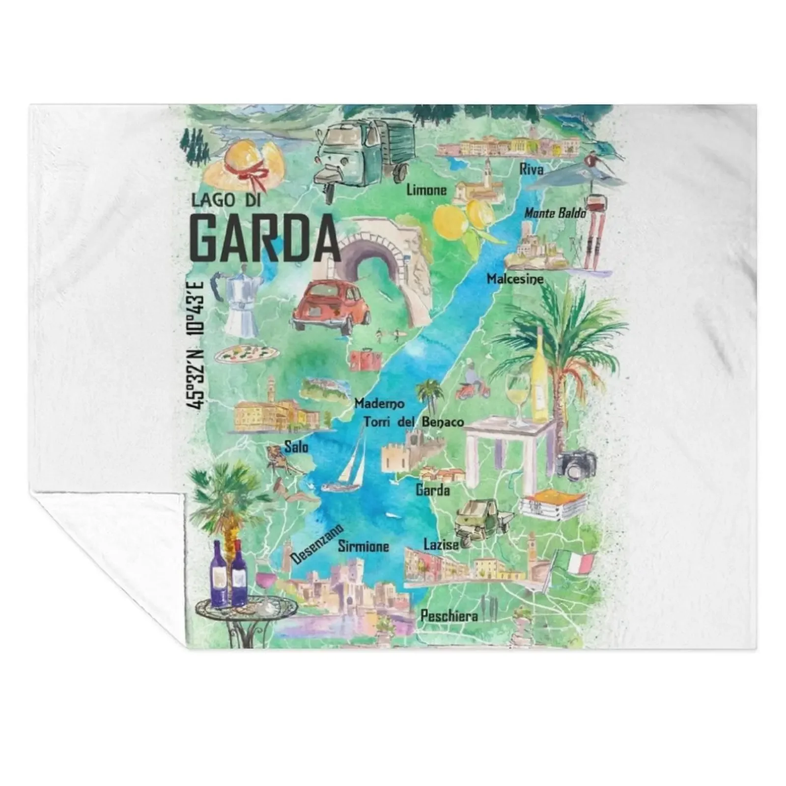 

Lake Garda Italy Illustrated Map with Roads and Tourist Highlights Throw Blanket Hair halloween Thermal Blankets
