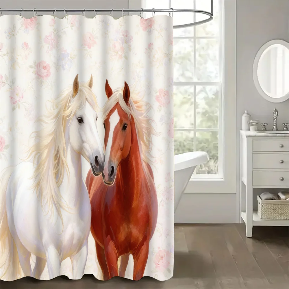 Realistic Horse Shower Curtain, White & Brown Stallion Waterproof Bath Curtain, Farm Animal Bathroom Decor Art