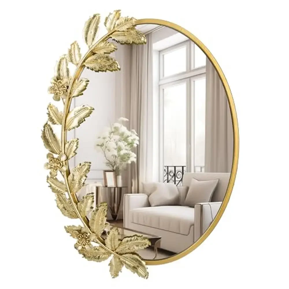 

Gold Oval Ornate Floral Frame Mirror 18x24" Wall Mount HD Glass Metal Frame Explosion-proof Living Room Bedroom Entryway Decor