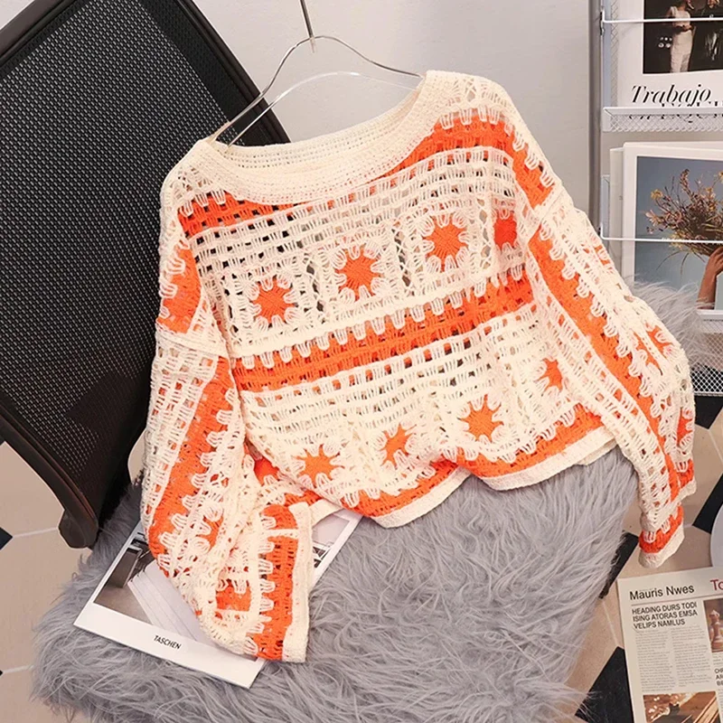 Oma vierkante gehaakte gebreide top voor dames Bell Sleeve opengewerkte gebreide trui Pullover tienermeisje Boho strandvakantie-outfit