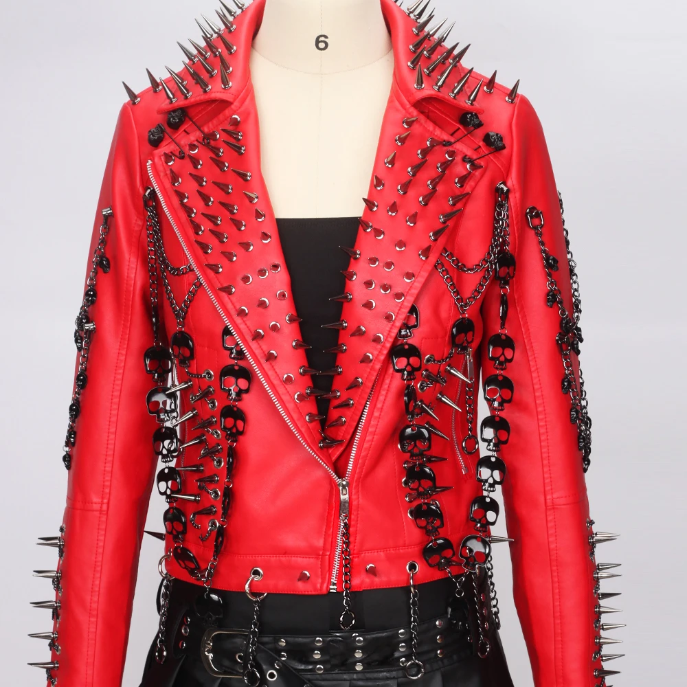 Women's Red PU Leather Gothic Punk Biker Jacket with Spikes