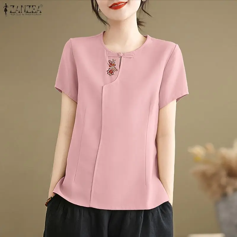 

Women Summer Embroidered Floral Blouse ZANZEA Vintage Short Sleeve Tops Female O Neck Blusas Mujer Casual OL Work Shirt Chemise