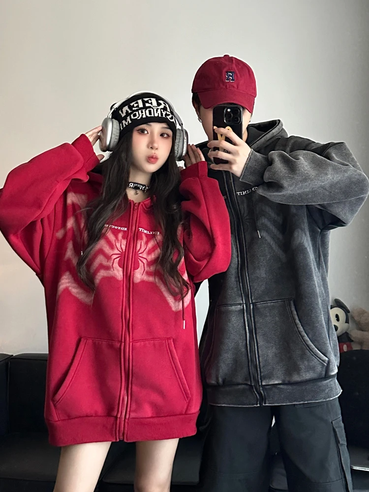 American Style Hooded Open Cardigan Men's Loose Washed Fleece Zipper Jacket Youth Trendy Shoulder Sleeve Casual Wear