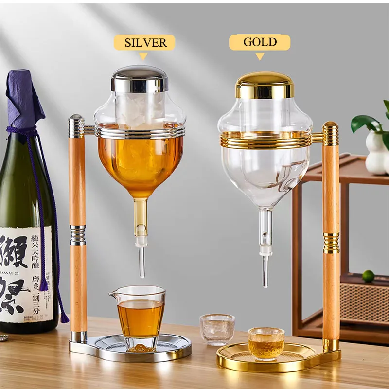 Sake Dispenser with Ice Chamber Automatic Tip‑Up Pour Spout Wood‑Metal Stand Cold Sake Decanter for Home Bar Party