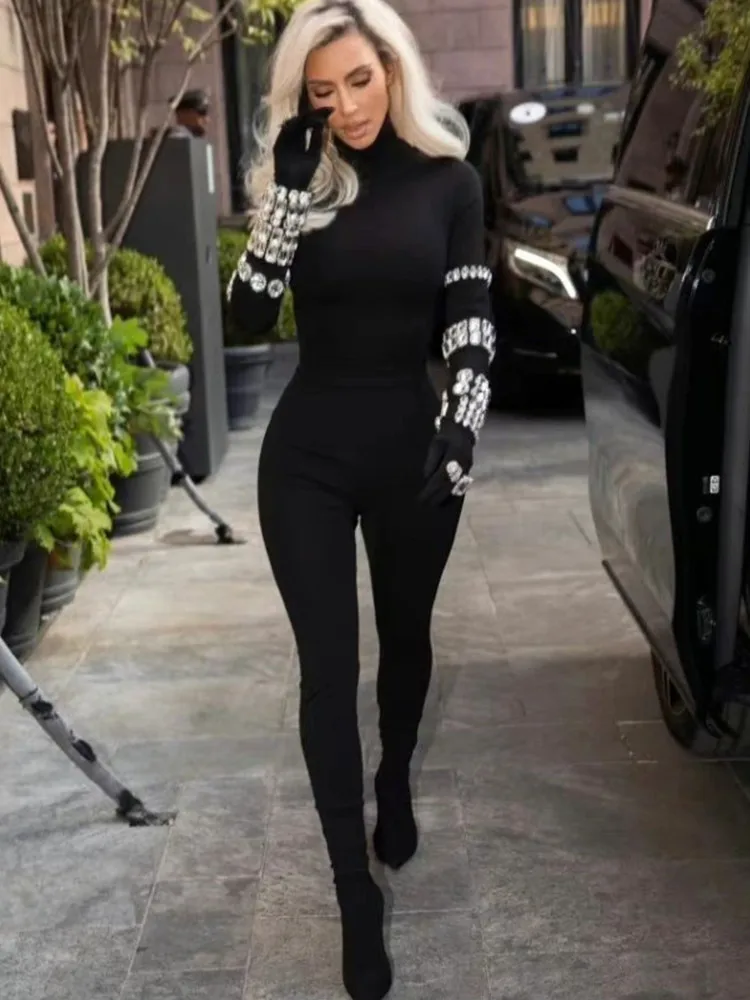 Celebrity Red Carpet Dress Women Long Sleeve Sexy Pencil Pants Bandage Bodycon Jumpsuit Big Crystal Nightclub Party Wear