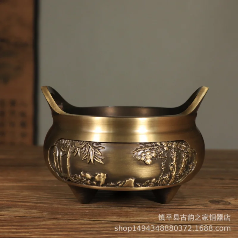 Large Xuande Furnace Three-Legged Double-Eared Lotus Ornament Pure Copper Incense Burner
