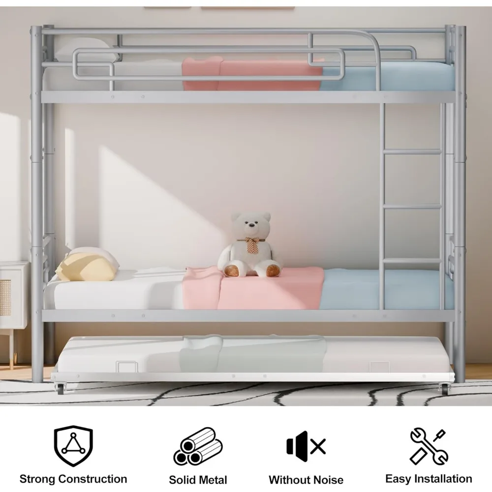 Twin Over Twin Bunk Bed with Trundle, Metal Bunk Beds with Ladders & Full-Length Guardrail, Can be Converted to 2 Beds