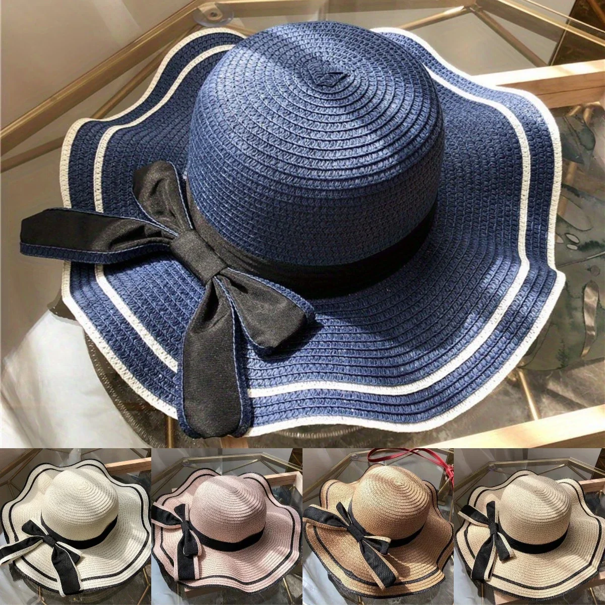 

Solid Wave Black Edge Bow Bucket Hat Straw Cap Women Girls Beach Hat Seaside Sunscreen Big Brim Hat Cover Travel Holiday Sun Cap