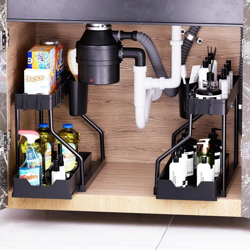 

Kitchen Bathroom Under Sink Pull-Out Shelf Baked Paint Multi-Functional Organizer Storage Racks