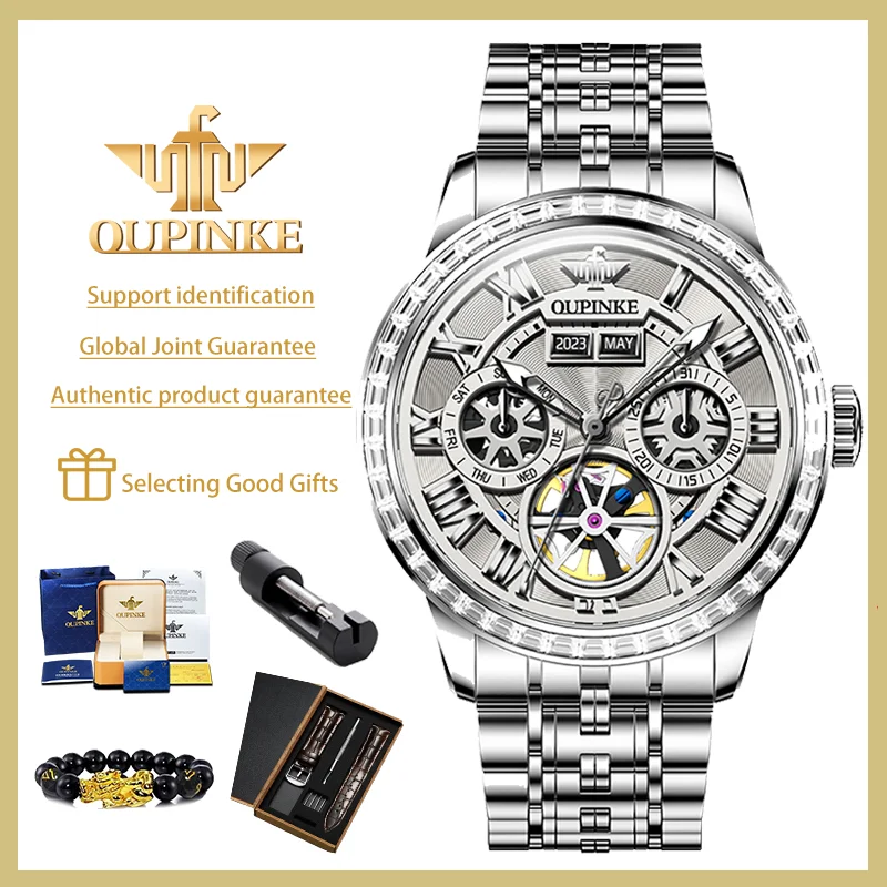 OUPINKE High Quality Men's Watches Skeleton Diamond Dial Multifunctional Fully Automatic Mechanical Watch Precision Steel Strap