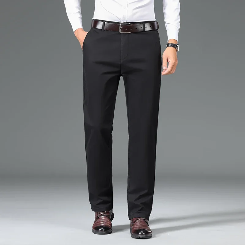 97.8% القطن سراويل تقليدية للرجال كلاسيكي مستقيم فضفاض منتصف العمر الأعمال مكتب البدلة بنطلون مريح مطاطا حك السراويل #4
