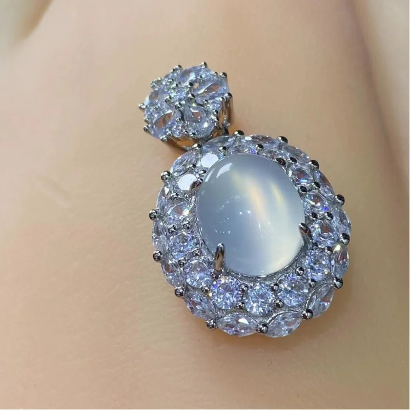 925 Silver Inlaid High Ice White Chalcedony Set Agate Earrings Bracelet Necklace Ring Four-Piece Set 6