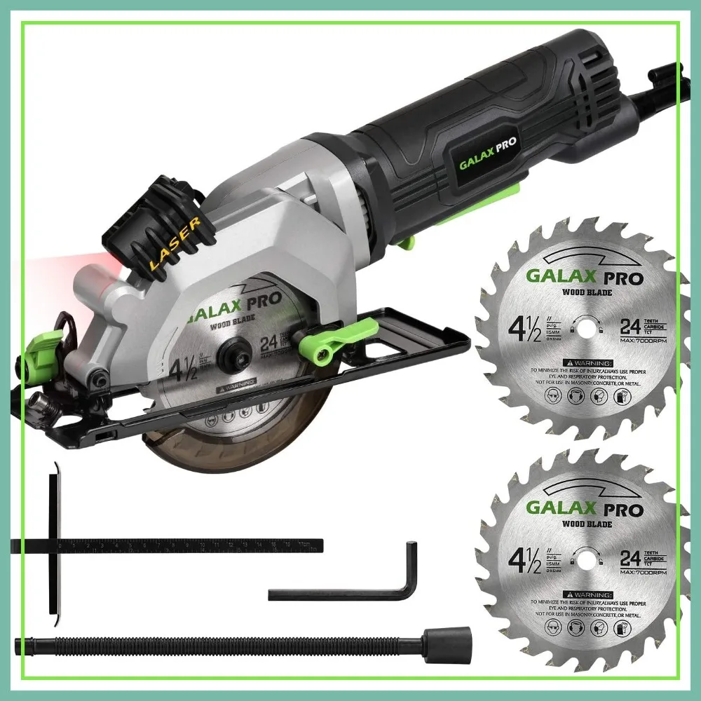 

4A 3500RPM Circular Saw with Laser Guide, 4-1/2" 24T TCT Blade, Max Cut 1-11/16"(90°), 1-1/8"(45°), Vacuum Adapter, Rip Guide