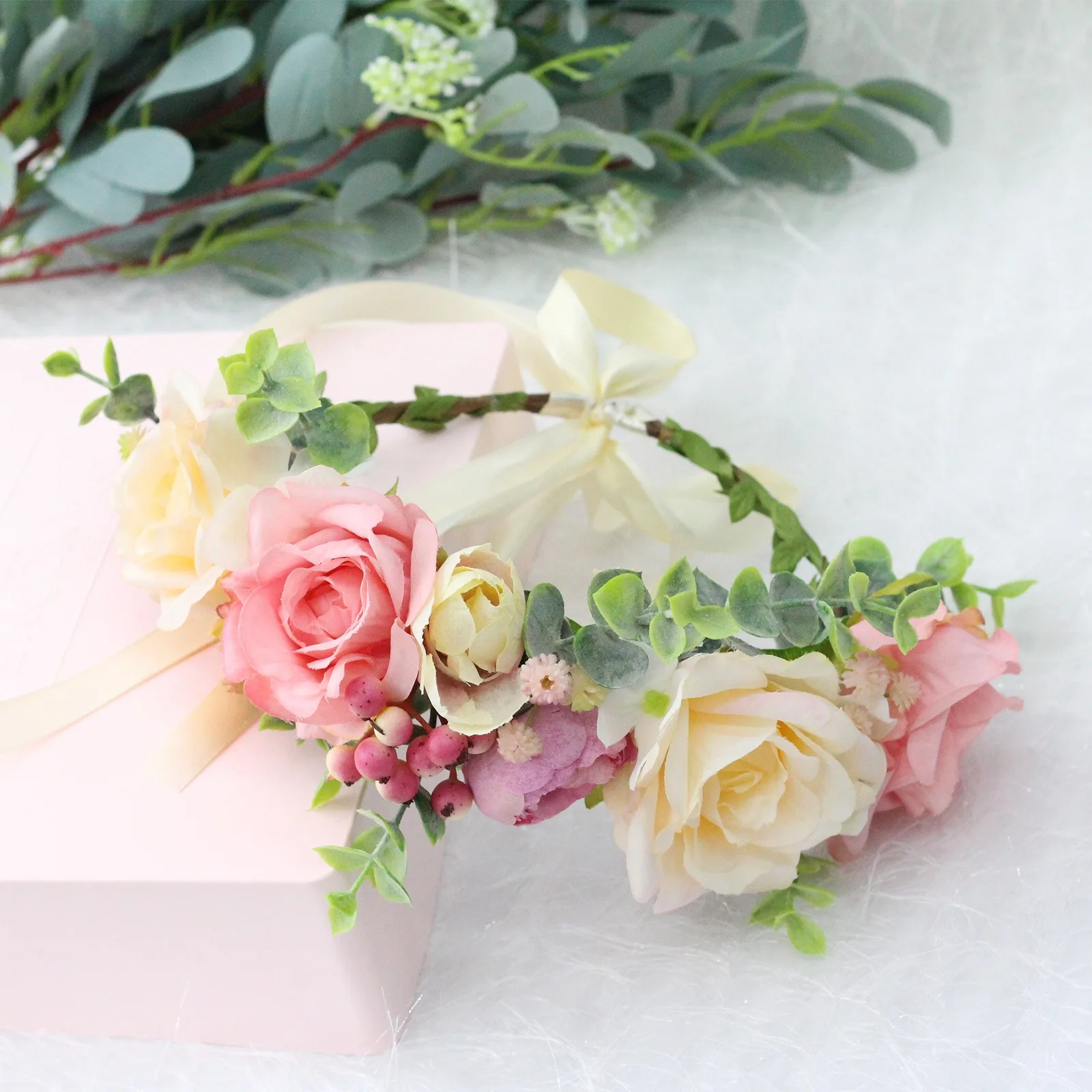 

Rose Floral Headband Simulated Flower Ring Travel Photography Accessory Beautiful Bridal Hair Decor Bohemian Style Headwear