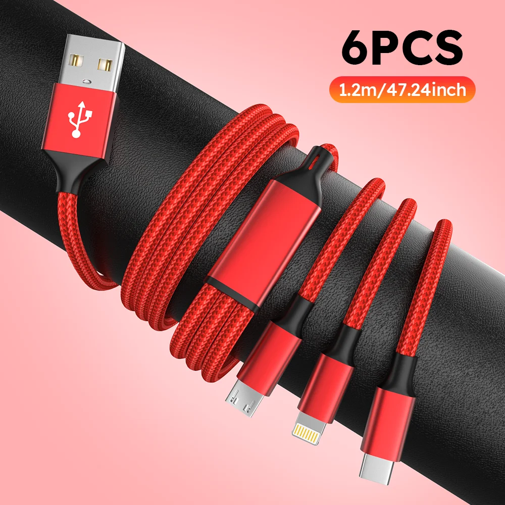 6pcs 3-in-1 red fast charging cable with Type-C, USB and IP ports, suitable for iPhone, Xiaomi and Samsung Android devices