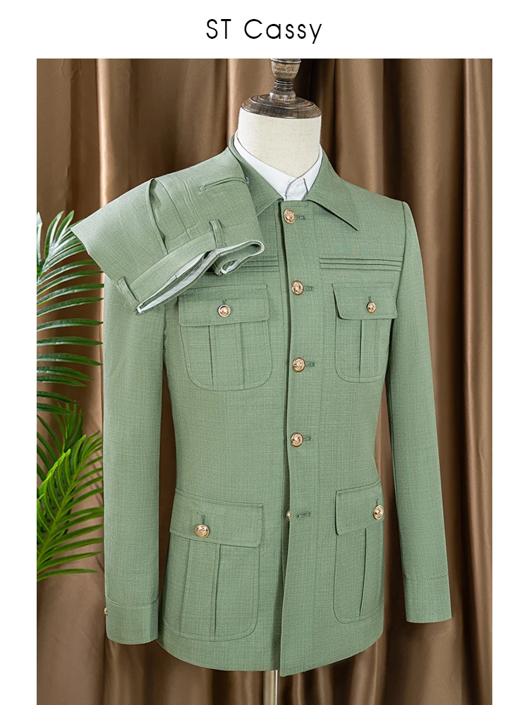 

ST Cassy green Elegant Men's suit Classic Fit Multi Buckle Multi Pocket Casual Business Set Men's 2-piece Set