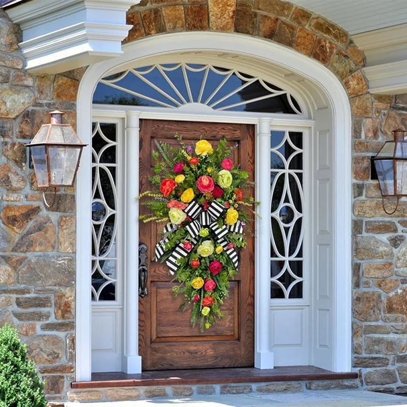 Fall Wreaths for Front Door, 19Inch Autumn Wreath with Bow Flower Leaves,Wreath for Harvest Thanksgiving Halloween Decorations