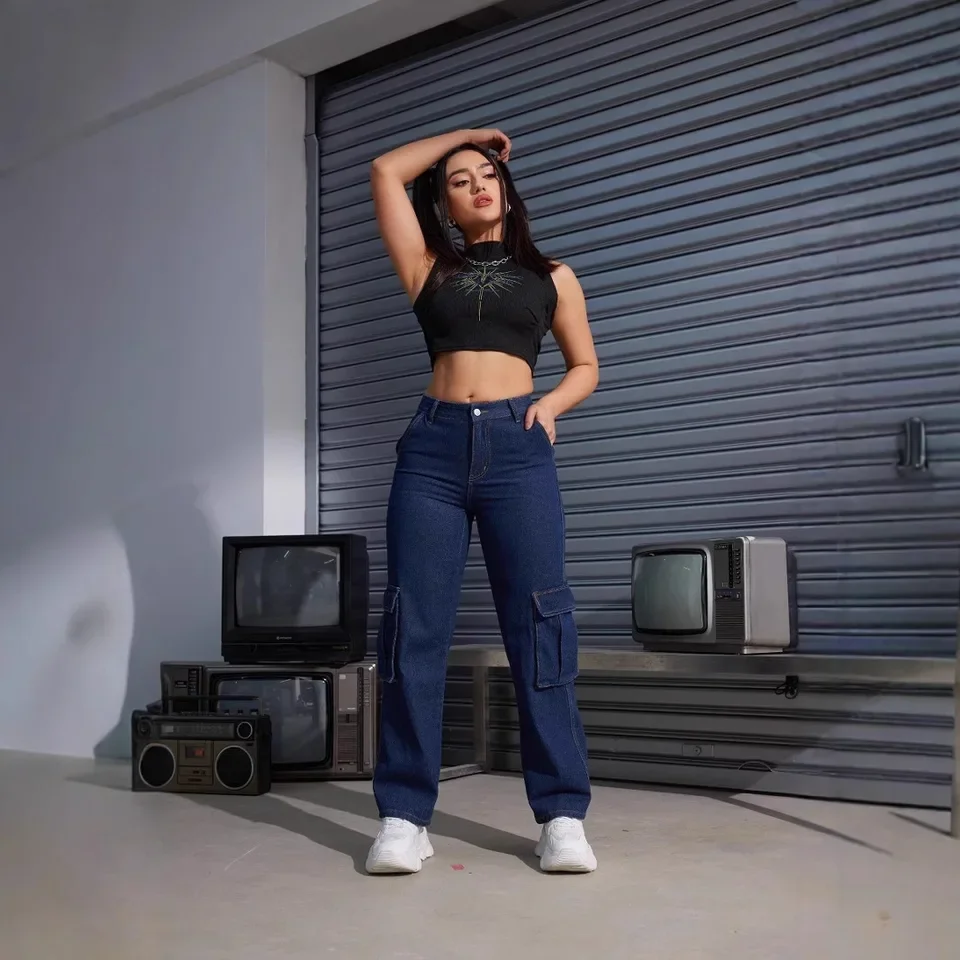 New Street Fashion American High-waisted Work Jeans. Women's Four-season New Fashion Flip Cover  Pocket Design Straight Leg Jean